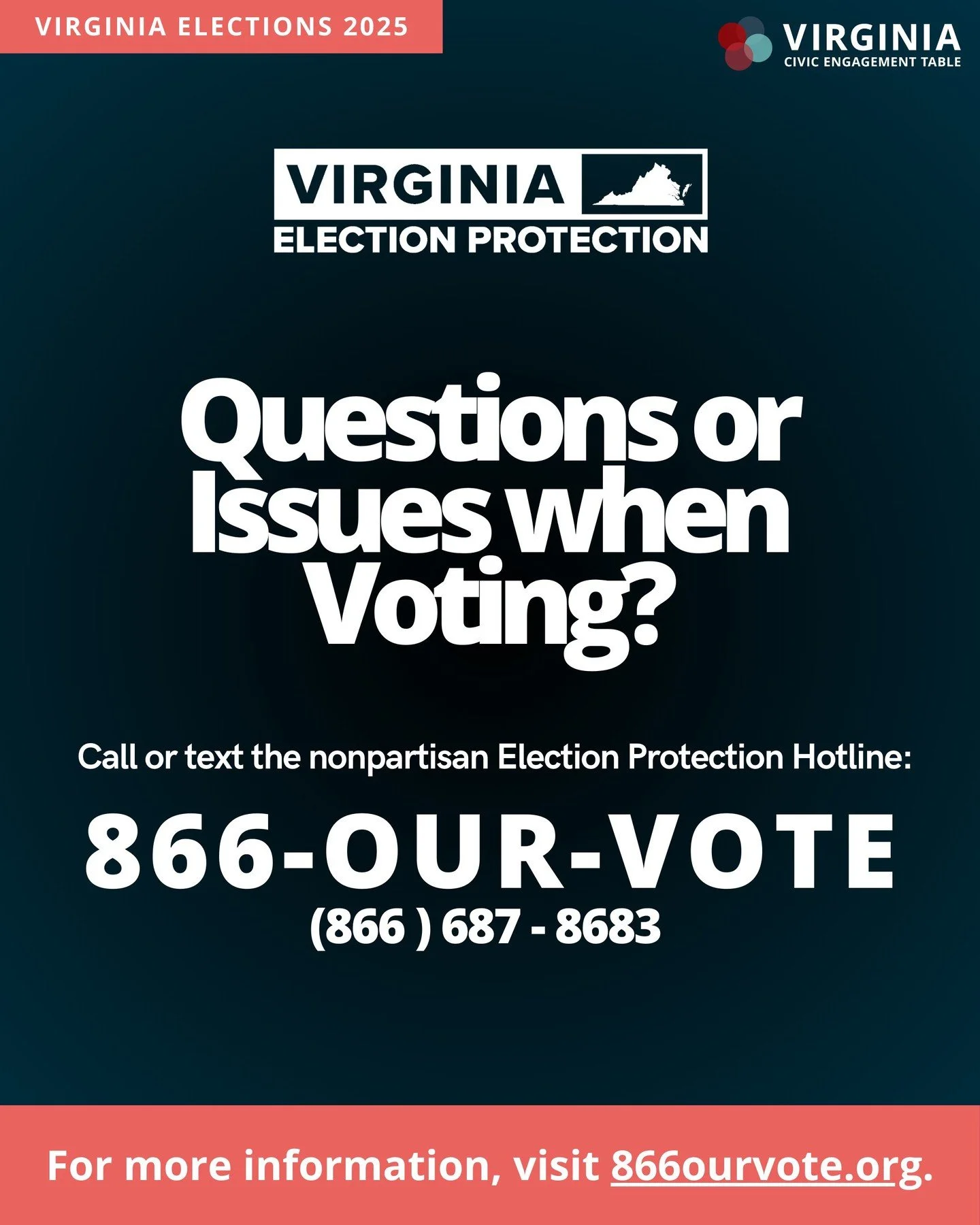 Election Day is on November 4, Virginia!

If you have voting questions or need to find your polling location, call or text 866-OUR-VOTE or visit 866ourvote.org