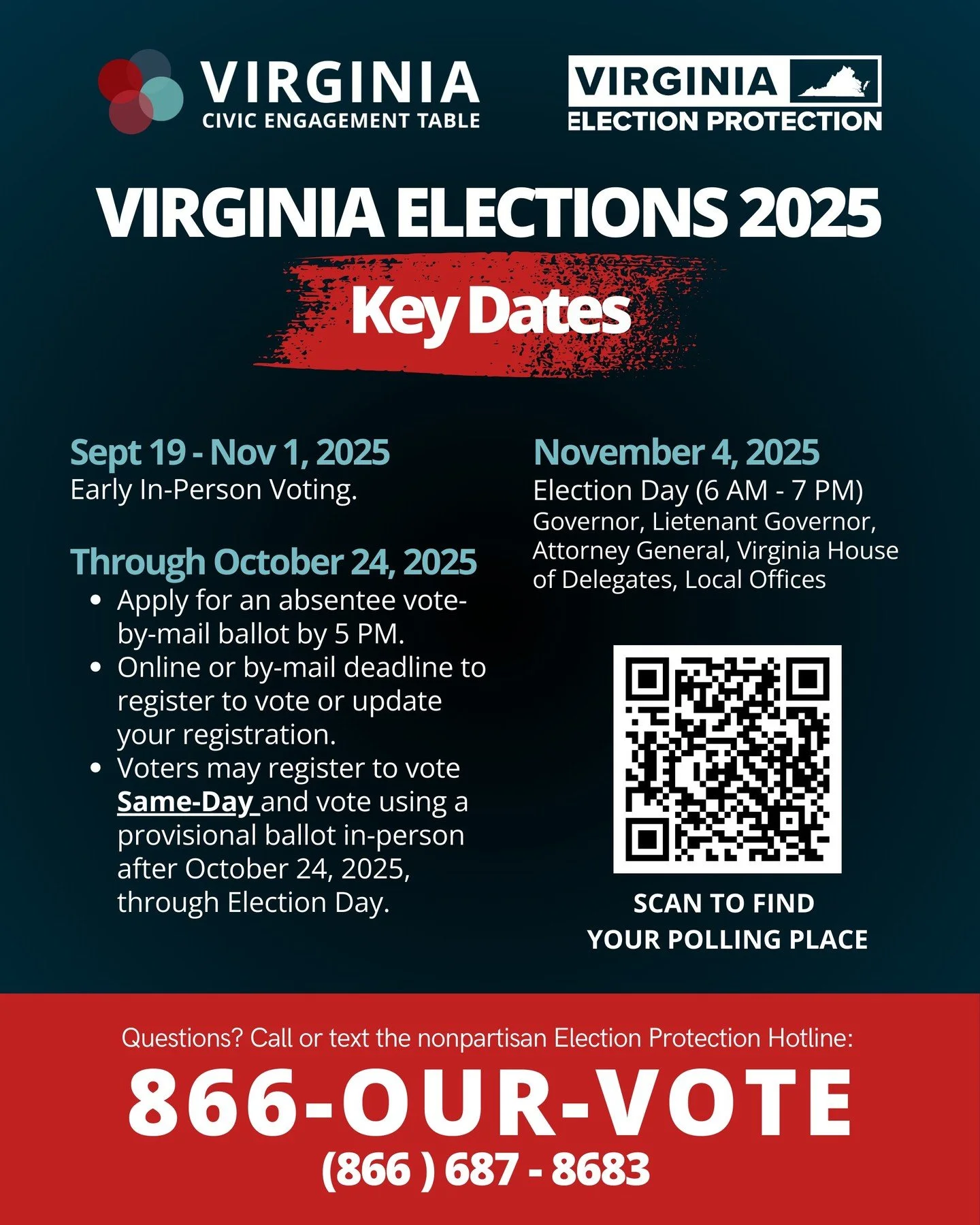 Mark your calendars, Virginia! 🗓️

➡️Sept 19 &ndash; Nov 1: Early Voting
➡️Oct 24: Deadline to request an absentee vote-by-mail ballot
➡️Oct 24: Deadline to register online or by mail (Same Day Registration is available in-person after this day!)
➡️