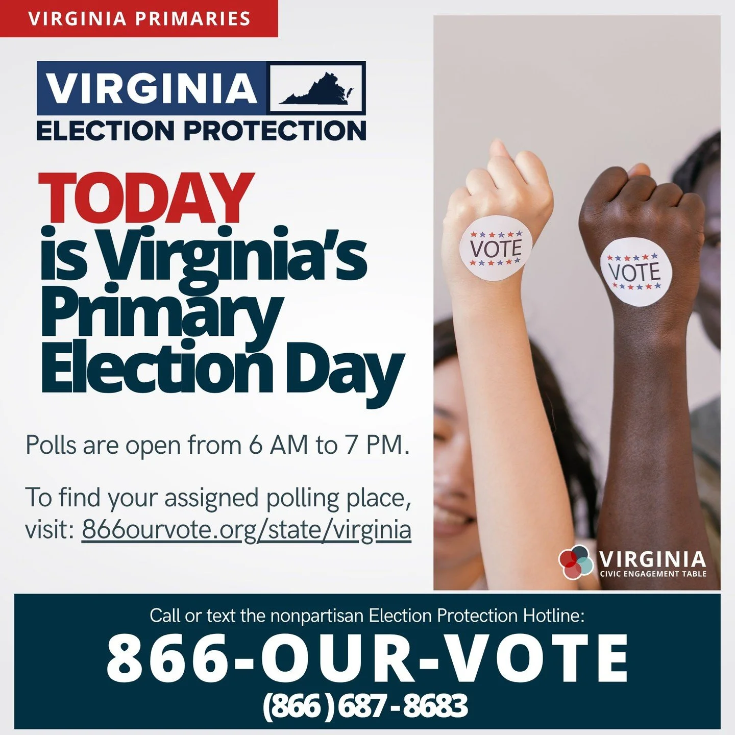 🚨 IT&rsquo;S PRIMARY DAY, VIRGINIA! 🚨

Grab your ID, your coffee, and your people &mdash; polls are OPEN from 6 AM to 7 PM 🗳️

✅ Find your polling place: 866ourvote.org/state/virginia

Something wrong at the polls? Got questions? Call or text 866-