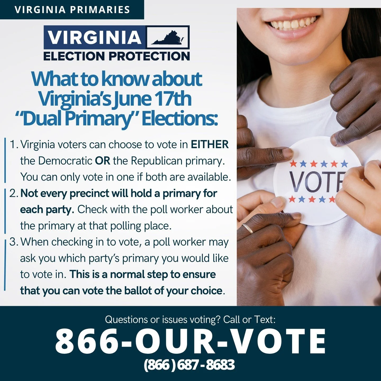 🗳️ Virginia&rsquo;s Primary Election is Tuesday, June 17!

Here&rsquo;s what you need to know about the &ldquo;dual primary&rdquo; setup:

✅ You can vote in either the Democratic or Republican primary &mdash; but not both.
✅ Not every location will 