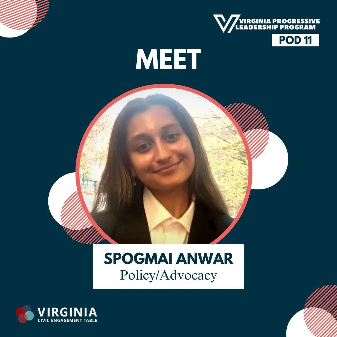 Meet the Virginia Progressive Leadership Program Pod 11 Participants!🎉

Spogmai Anwar: "I&rsquo;m a recent grad based in Northern Virginia with a strong interest in the political sociology framework. Virginia stands at the crosswords between hi