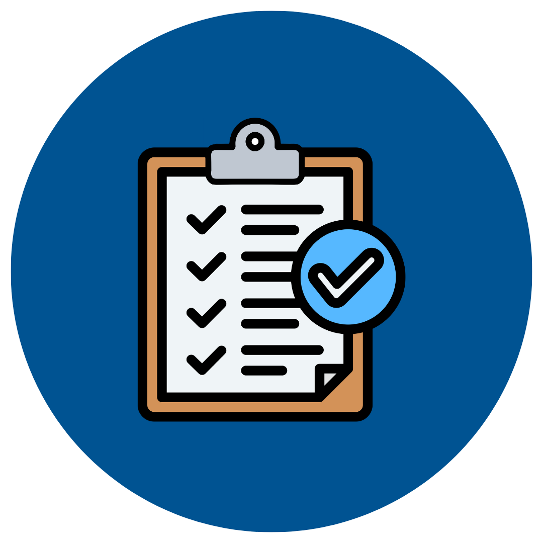 Blue circle with a clipboard icon and checklist in the center;.