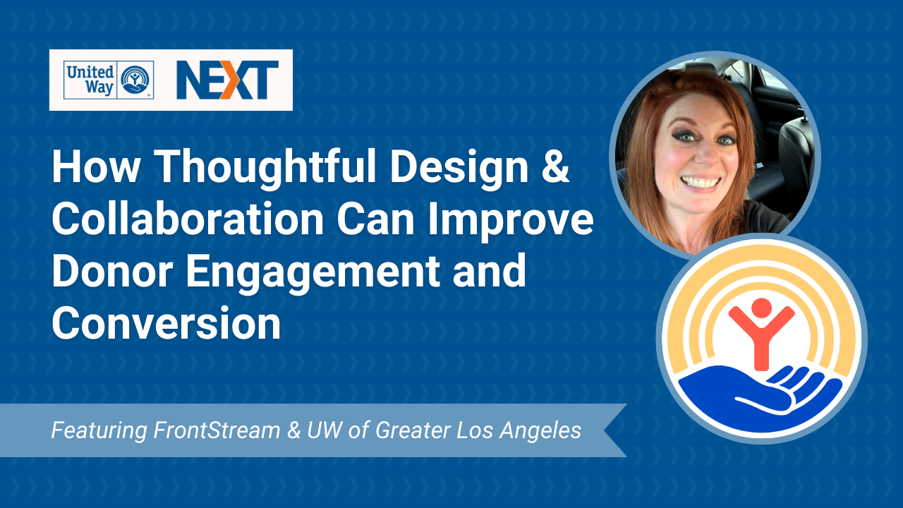 YouTube Thumbnail promoting United Way NEXT's upcoming Partner Spotlight event titled "How Thoughtful Design & Collaboration Can Improve Donor Engagement and Conversation."