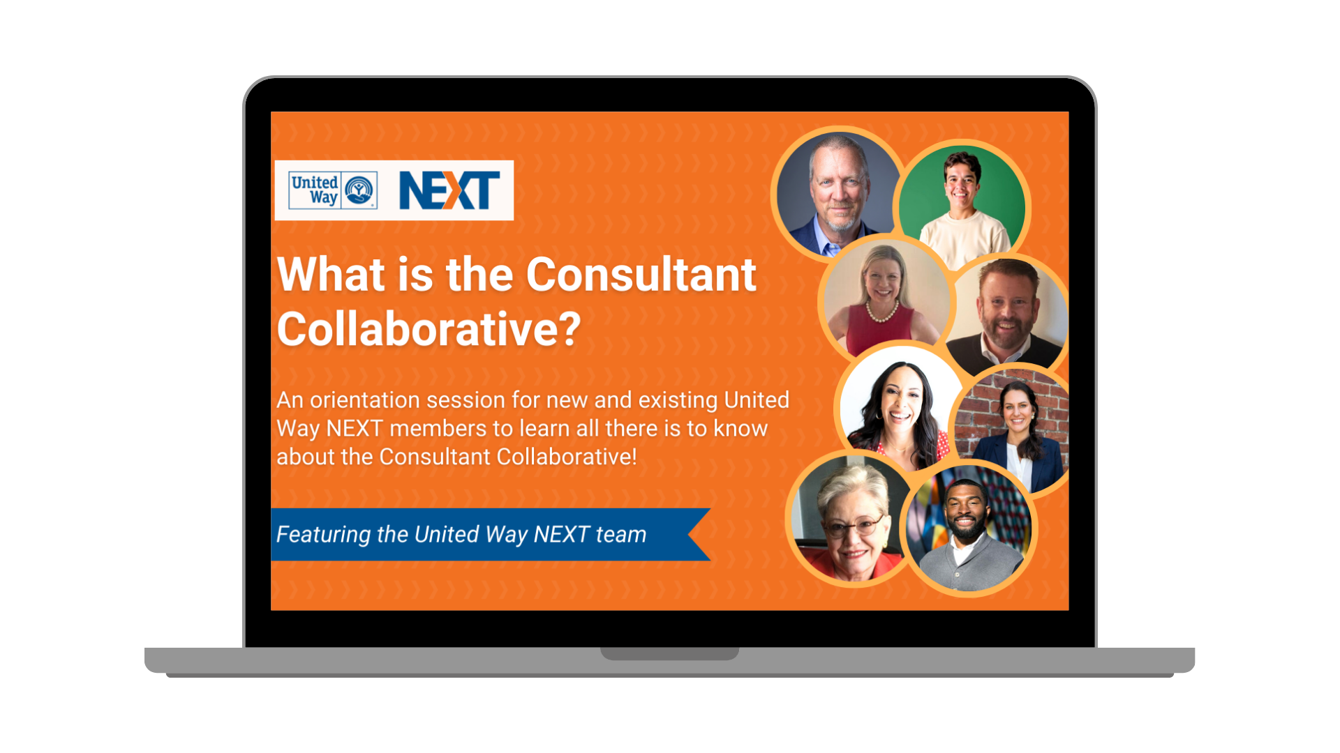 Graphic of a laptop mockup displaying United Way NEXT event thumbnail.