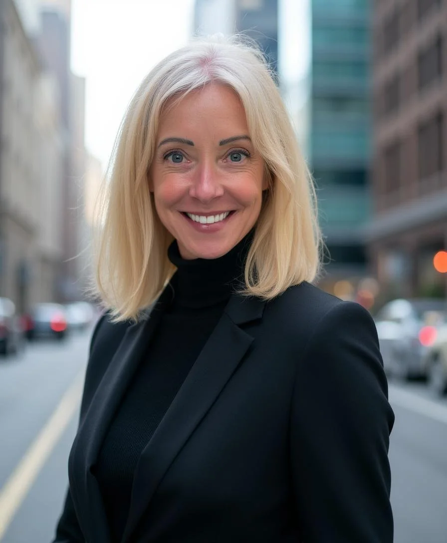 Annie smiling at the camera wearing a black turtleneck with a black blazer.