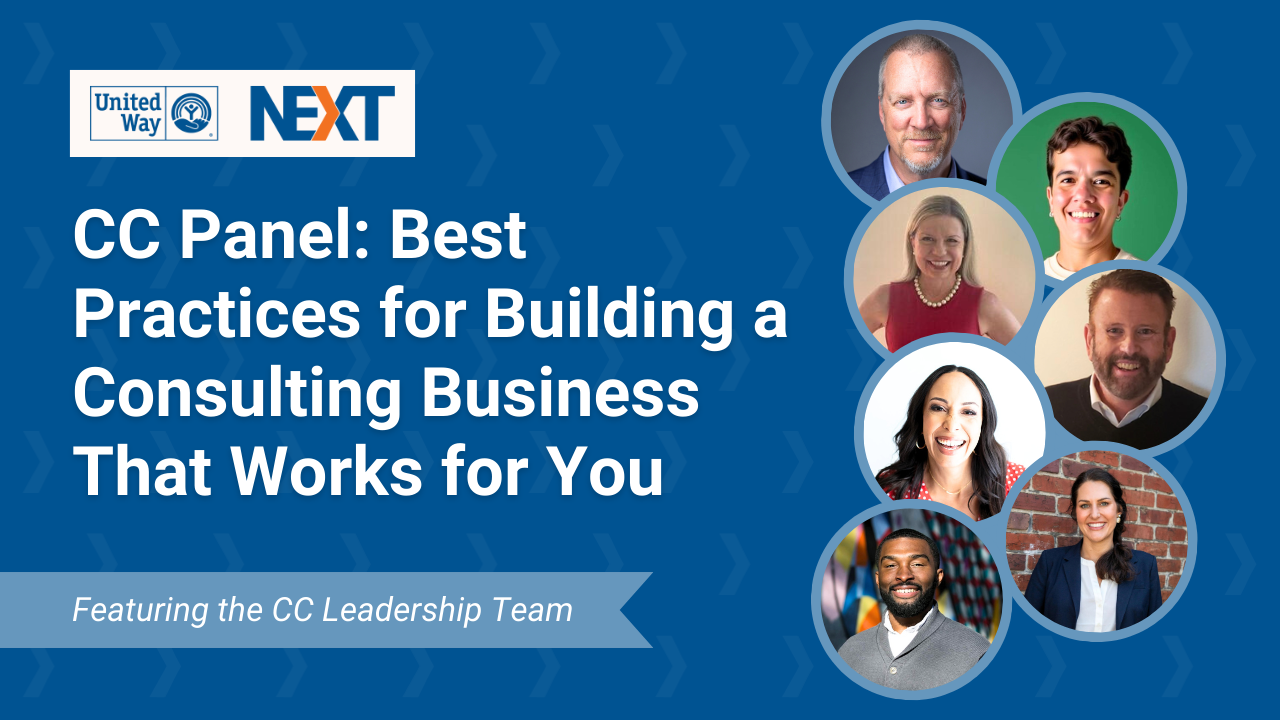 YouTube Thumbnail promoting United Way NEXT's upcoming Consultant Collaborative event titled "Best Practices for Building a Consulting Business That Works for You."