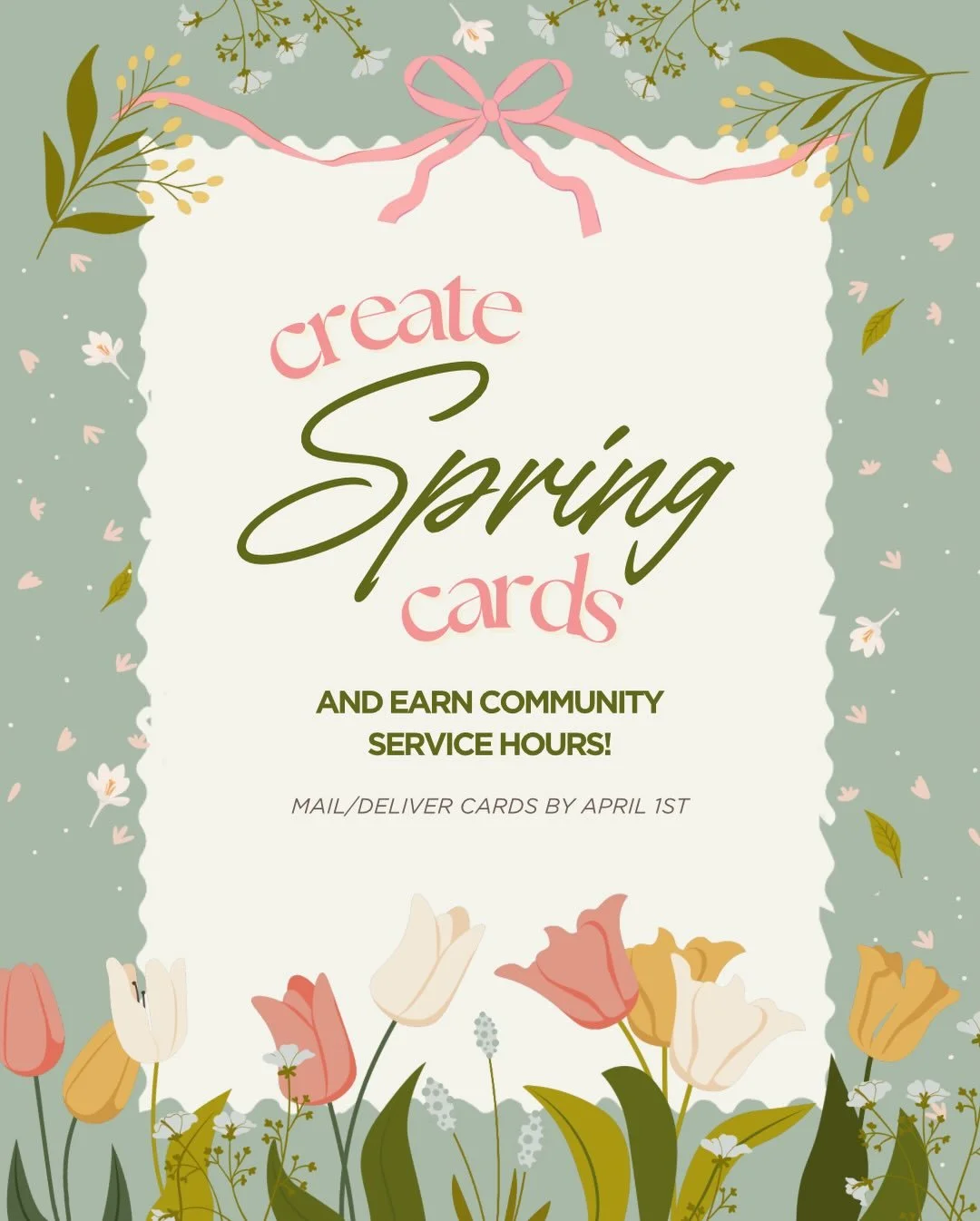 SPRING CARD DRIVE 🌷🌿☀️🌸🌱

Create spring-themed cards for senior homes to earn volunteer hours!! Make sure all cards follow the requirements to earn hours. 💌

Deadline to mail/deliver cards is April 1st, and the address is linked in our Google fo