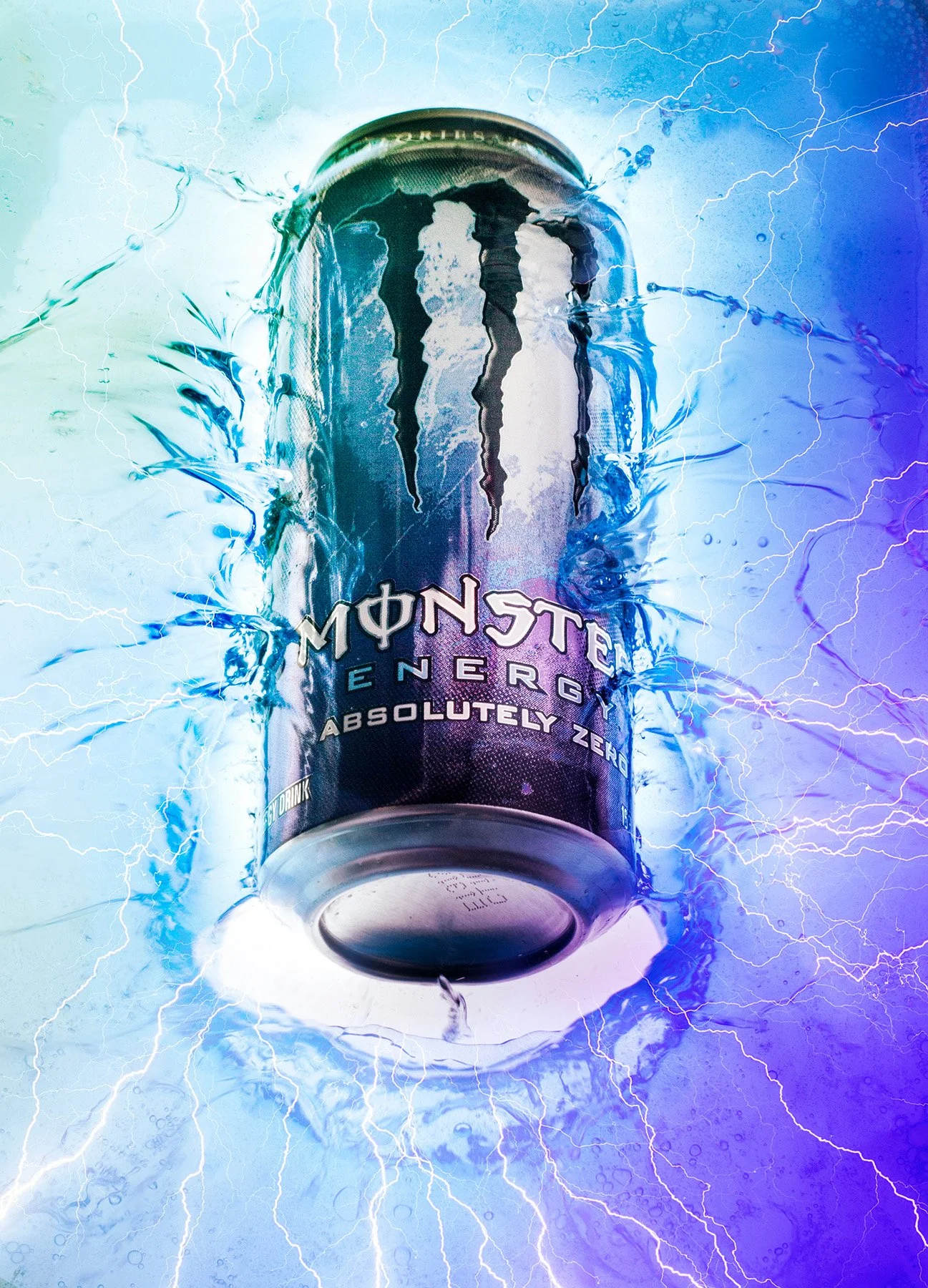 A can of Monster Energy Absolutely Zero drink surrounded by lightning effects and water splashes, illuminated with a colorful, electric background.
