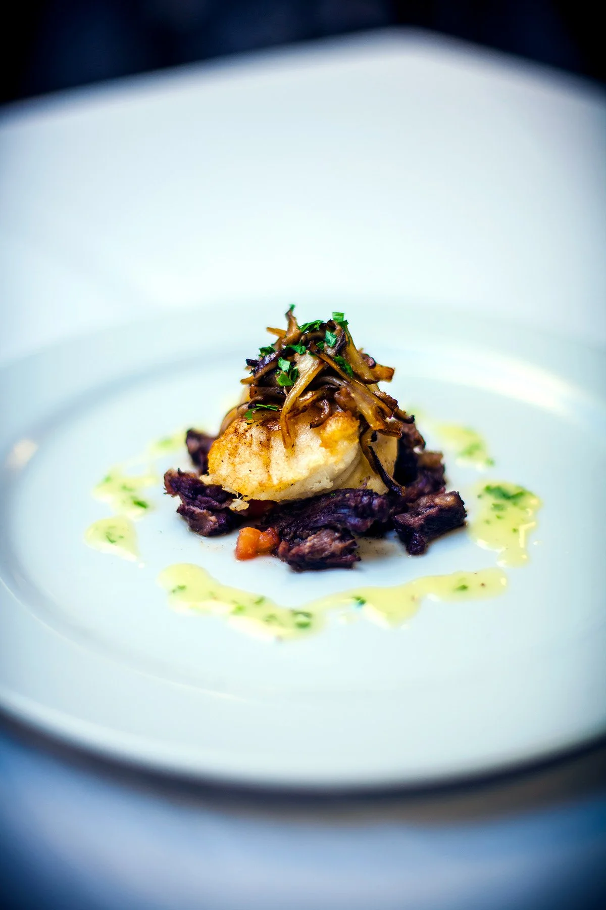 A gourmet dish featuring a seared scallop topped with sautéed wild mushrooms and herbs, served on a bed of dark leafy greens and garnished with a light green sauce drizzled around the plate.