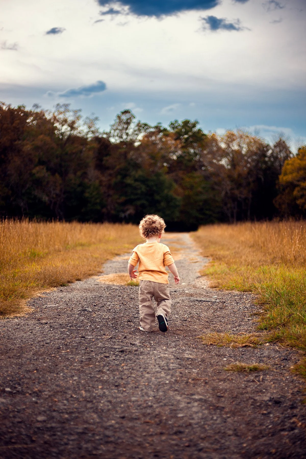 A young child with curly hair walking down a dirt path through a rural landscape, with tall grass on either side and trees in the background under a cloudy sky.