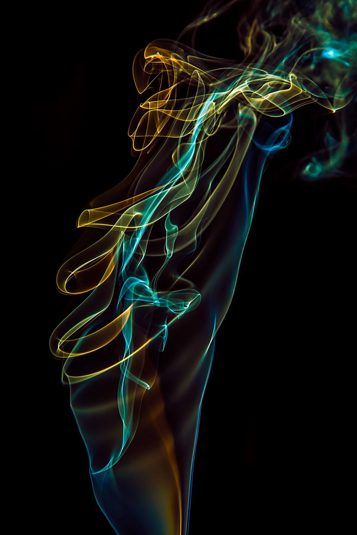 Colorful swirling smoke trails against a black background.