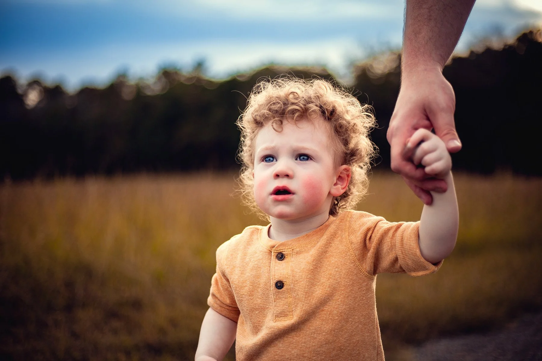 A young boy with curly blonde hair and blue eyes standing outside in a field, holding an adult's hand with a serious expression on his face.