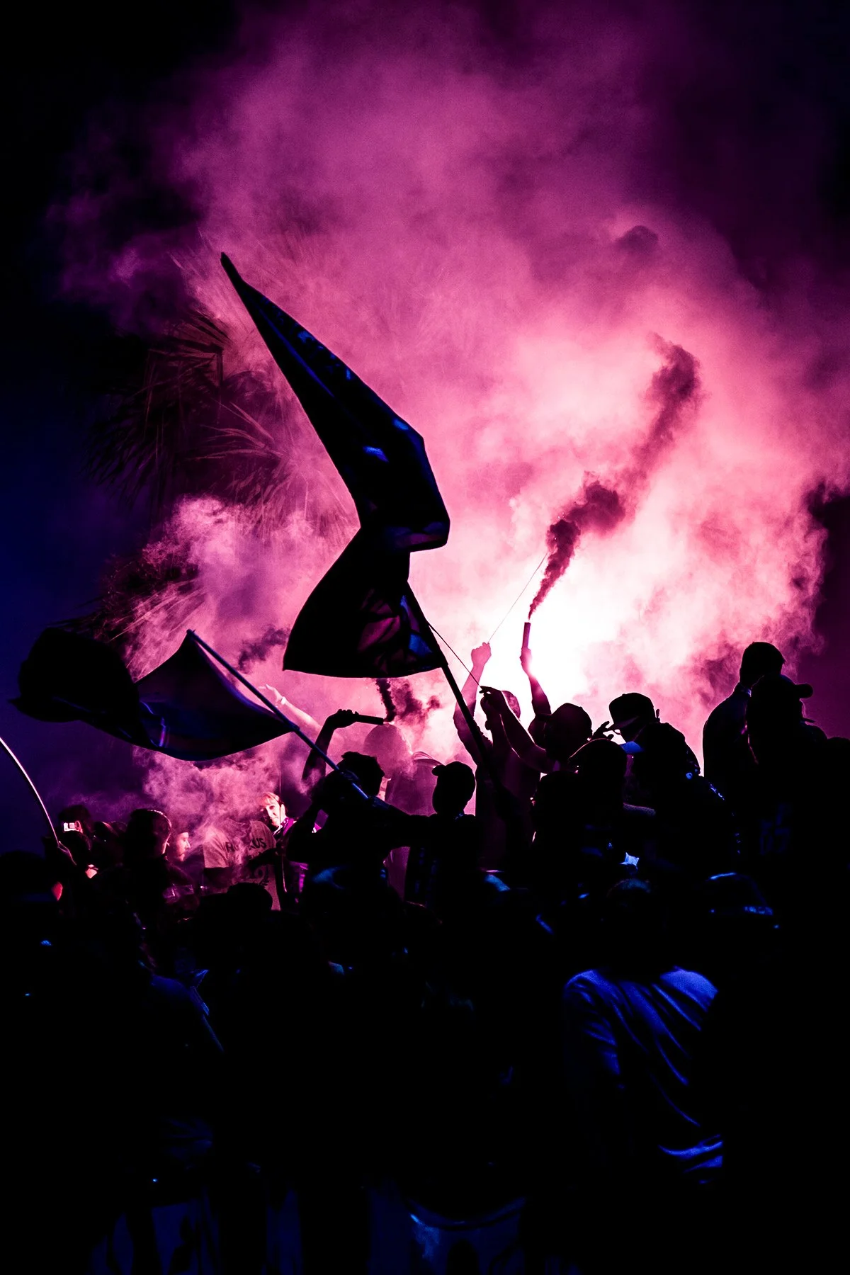 Crowd of people holding flags and smoke flares at night, illuminated by pink and purple smoke in the sky.