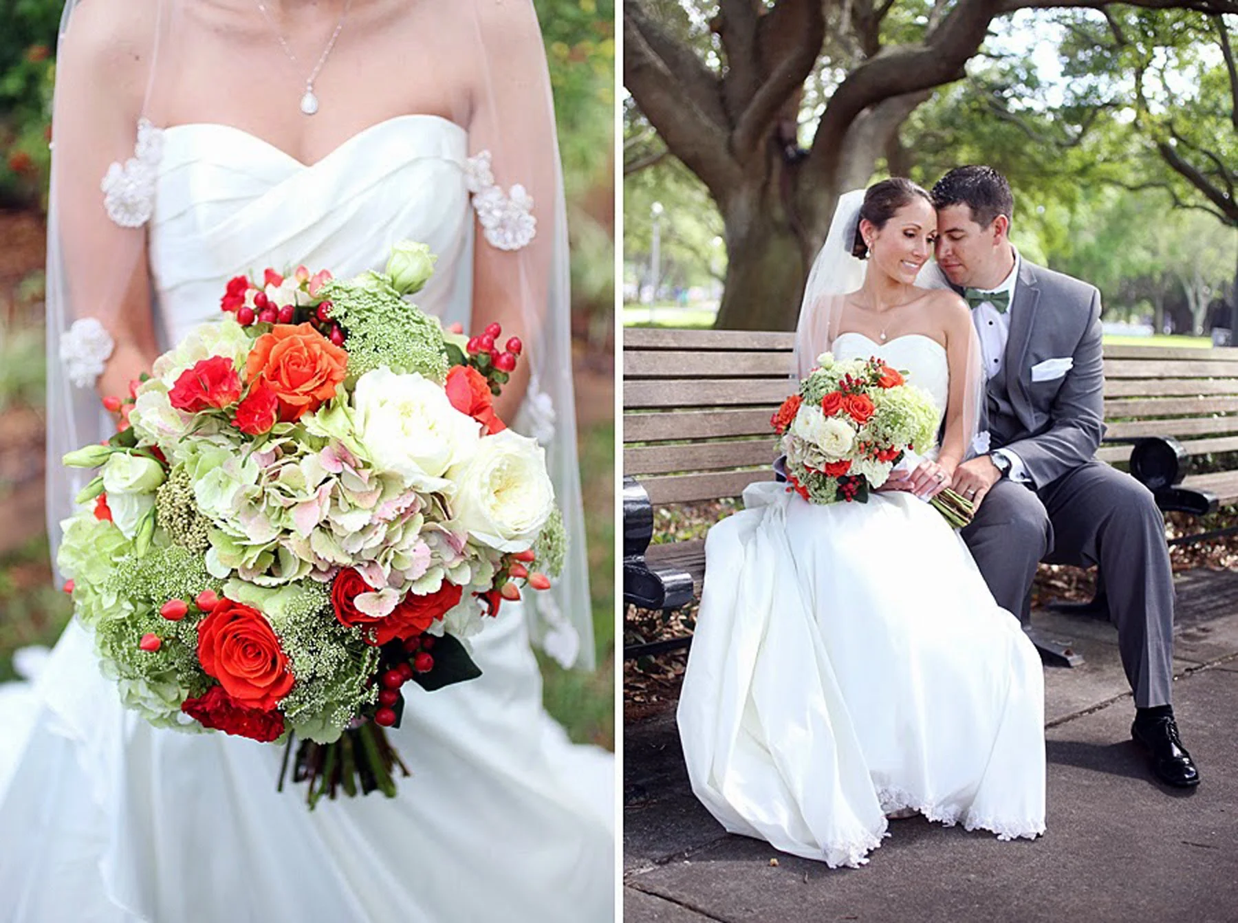 Close-up of a bride holding a colorful bouquet of flowers, including red roses, orange roses, white flowers, and green foliage, wearing a white strapless wedding gown with lace and floral details on the sleeves. In the background, a bride and groom s