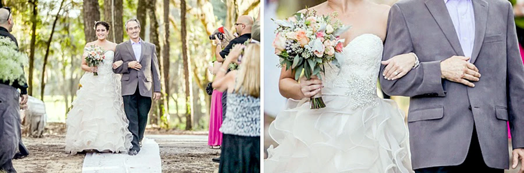 Bride walking down the aisle with an older man, possibly her father, wearing a white wedding dress with ruffles and holding a bouquet of flowers; everyone is dressed formally in an outdoor setting.