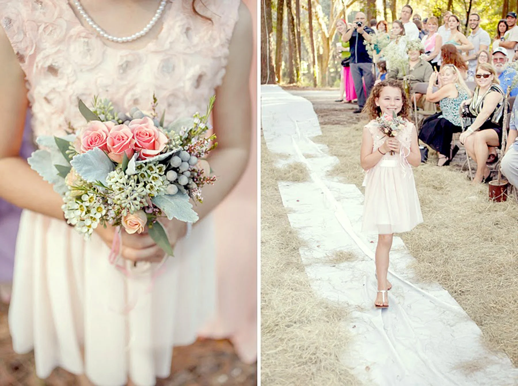 A woman holding a bouquet of pink roses and greenery, wearing a pink dress and pearl necklace, on the left. On the right, a young girl in a white dress walking down an aisle at an outdoor wedding ceremony, surrounded by seated guests and trees.