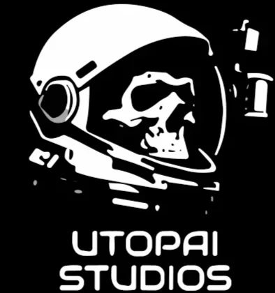 A black and white logo of an astronaut helmet with a skull inside, with the text 'UTOPAI STUDIOS' below.