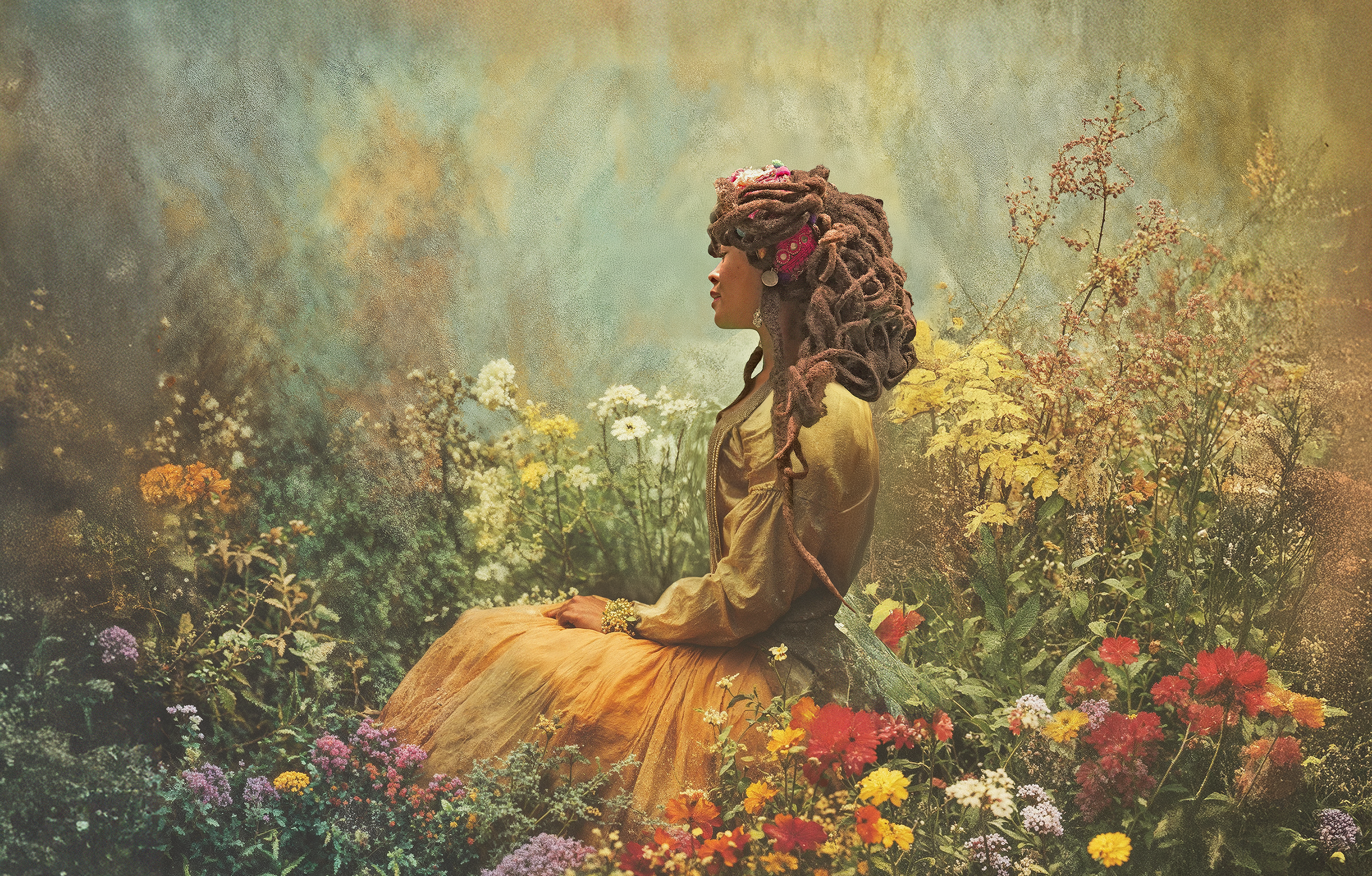 A woman with long hair styled in elaborate dreadlocks adorned with a headband and jewelry, sitting in a lush garden with colorful flowers and plants.