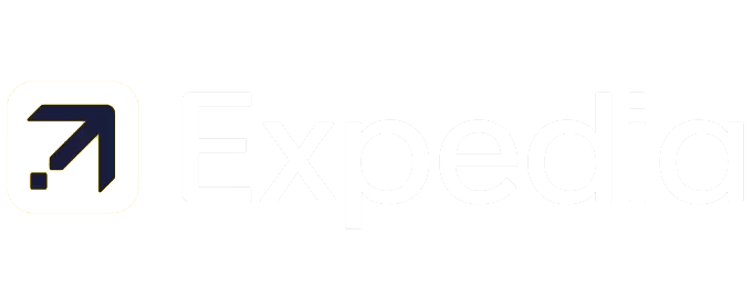 Expedia logo with an upward arrow icon next to the company name in black letters.