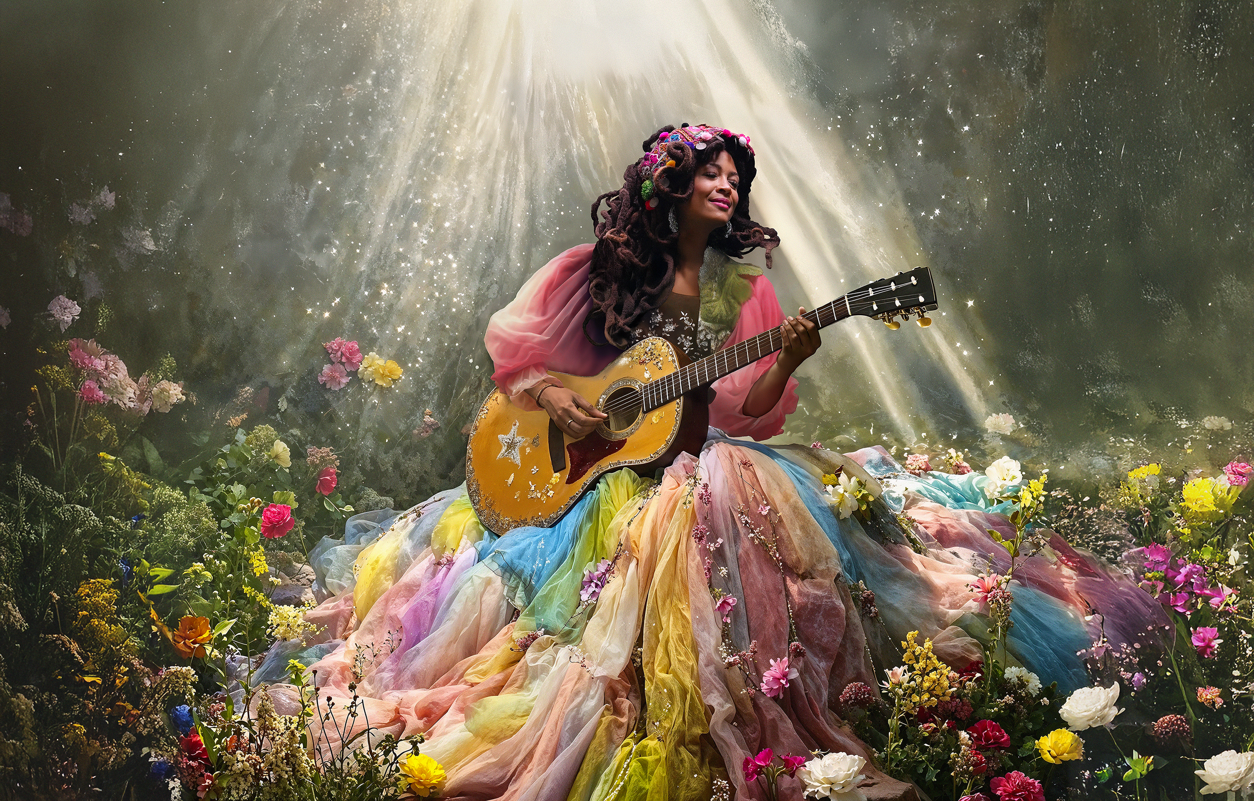 A woman with colorful dreadlocks and a pink top playing an acoustic guitar, seated on a flowing rainbow-colored dress surrounded by flowers, with a bright light shining down in a surreal, fantasy-like setting.