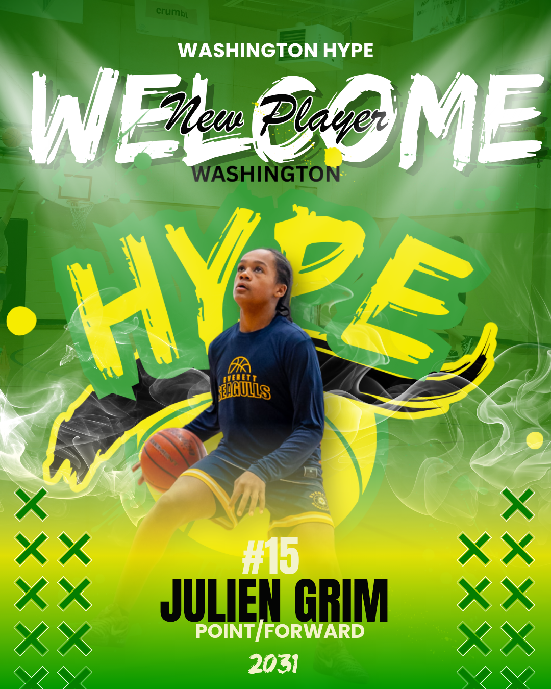 Graphic sports poster announcing Julien Grim as a new basketball player for the Washington Hype team in 2031, featuring a young basketball player in uniform holding a basketball, with vibrant green, yellow, black, and white design elements.
