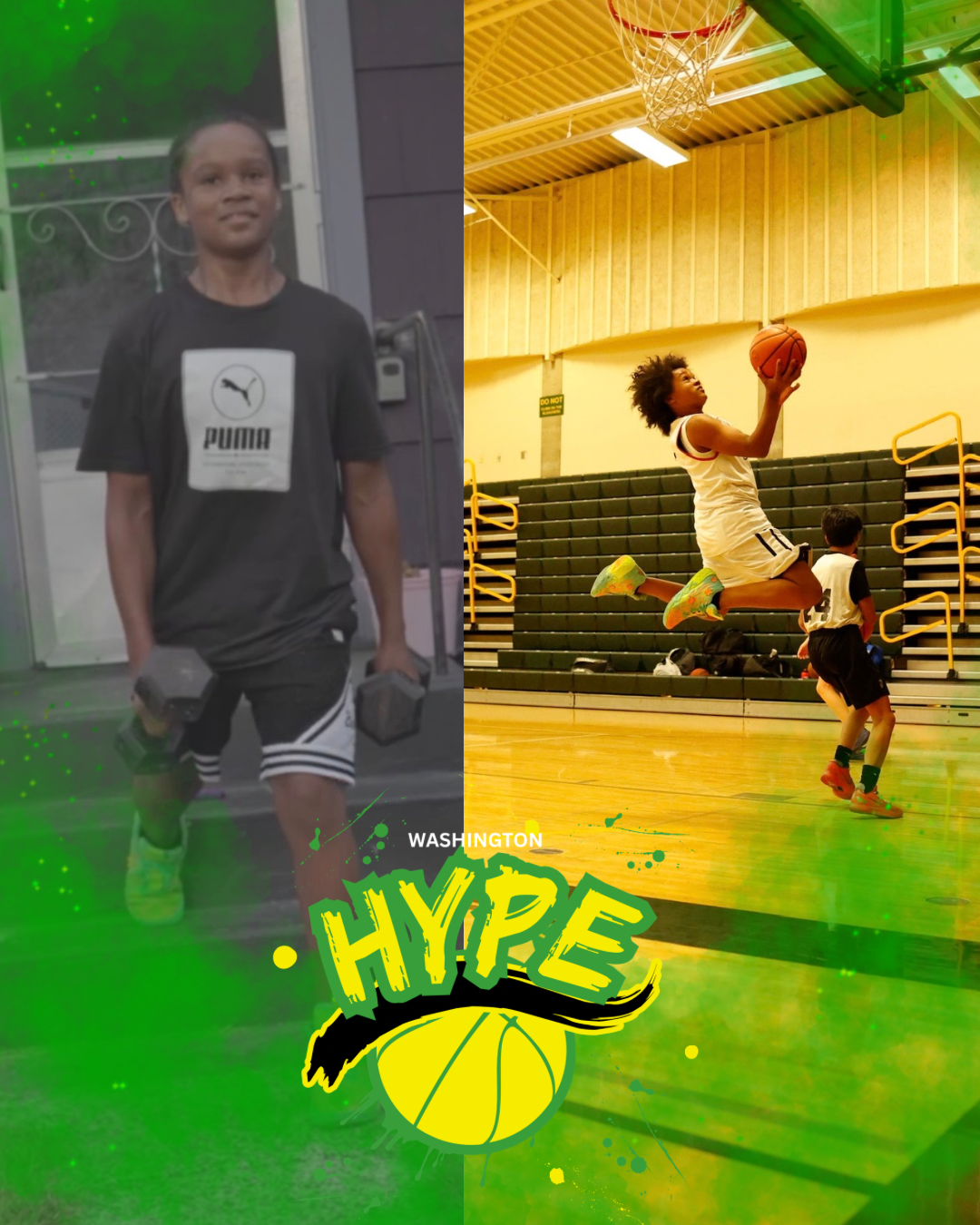 A split-screen image with a young boy lifting dumbbells outdoors on the left and a girl playing basketball indoors on the right, with a green and yellow 'HYPE' logo at the bottom.
