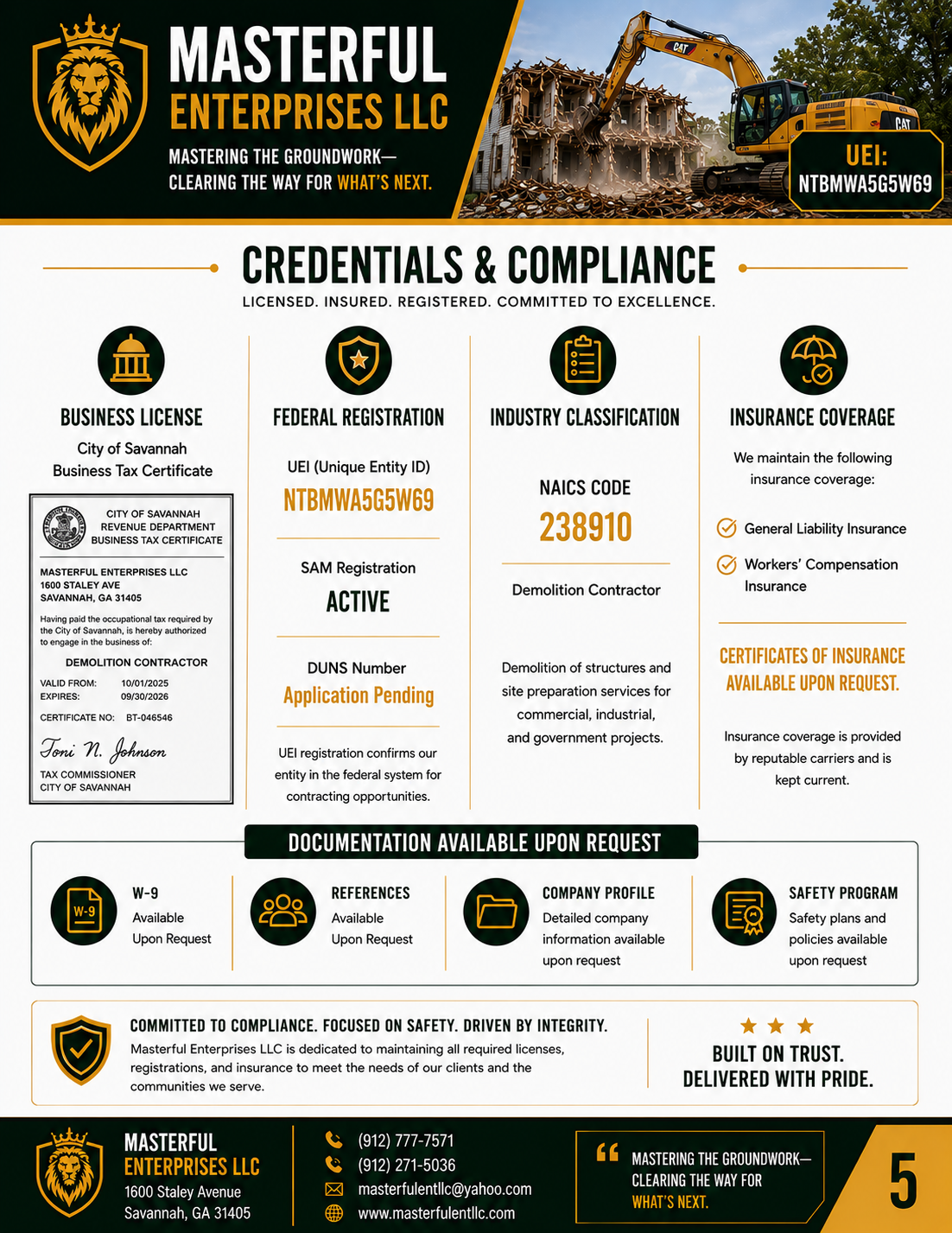 Business advertisement for Masterful Enterprises LLC featuring a logo with a lion crest, service description, industry credentials, construction equipment, and contact information.