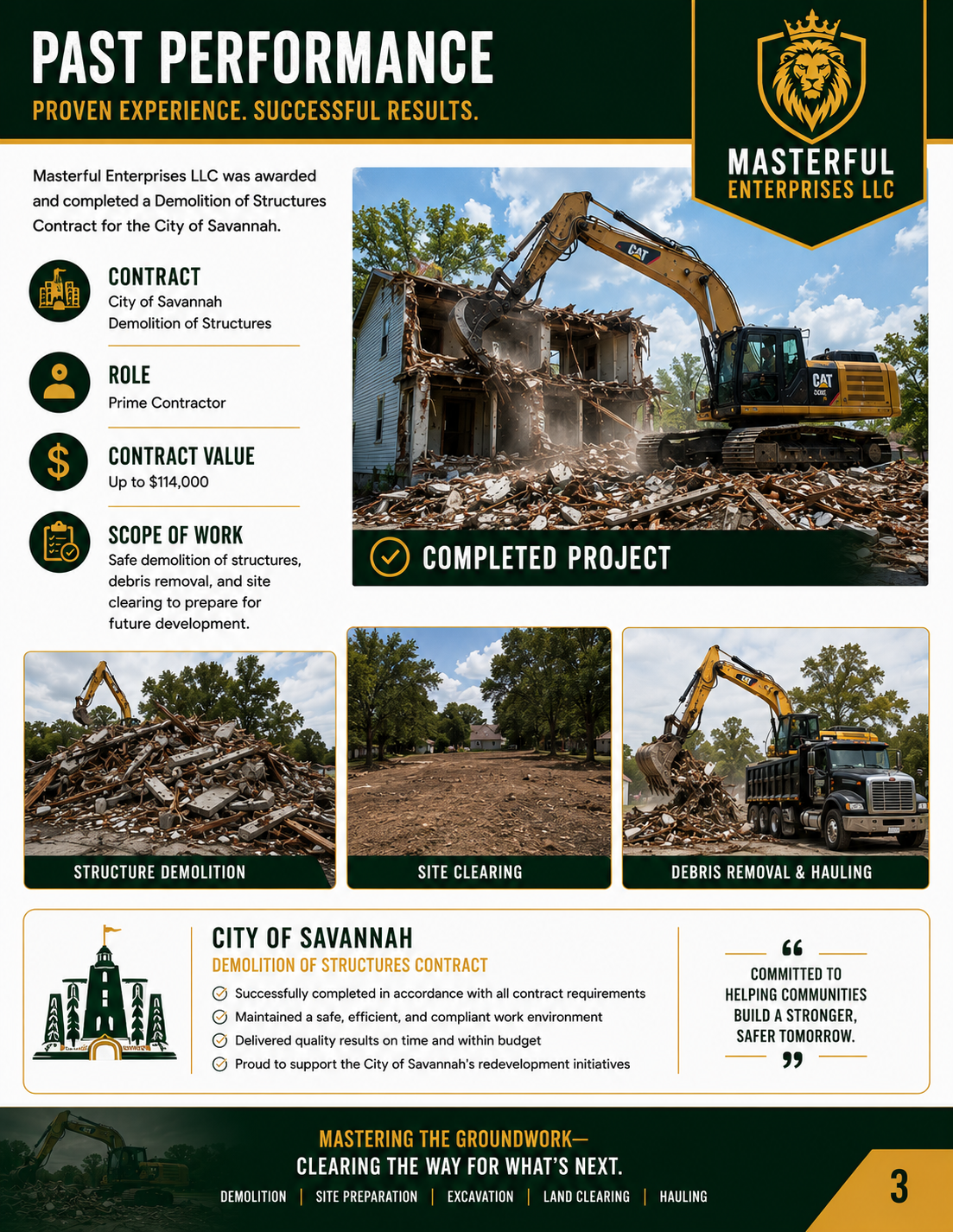 Flyer showcasing a completed demolition project by Masterful Enterprises LLC. It features photos of the demolition site, a backhoe demolishing a building, site clearing, and debris removal. Text highlights the project's scope, contractor details, and community impact.