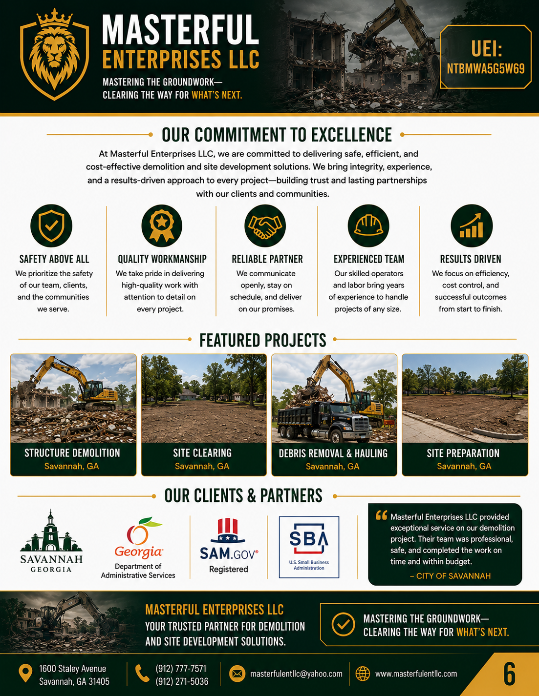 Flyer for Masterful Enterprises LLC, a demolition and site development company based in Savannah, Georgia. Features company logo with lion and crown, images of construction equipment, and details about services, projects, clients, and contact info.