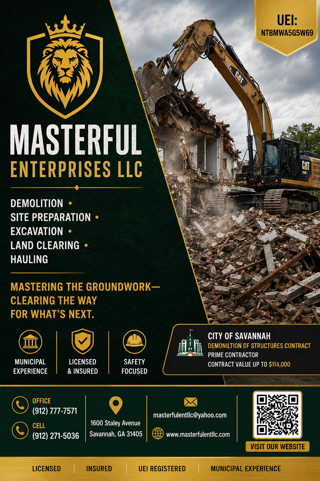 A construction company advertisement featuring a yellow Caterpillar excavator demolishing a building on a cloudy day. The left side displays the company logo, a lion with a crown inside a shield, and services such as demolition, excavation, and land clearing. The bottom contains contact information, location, and website details.