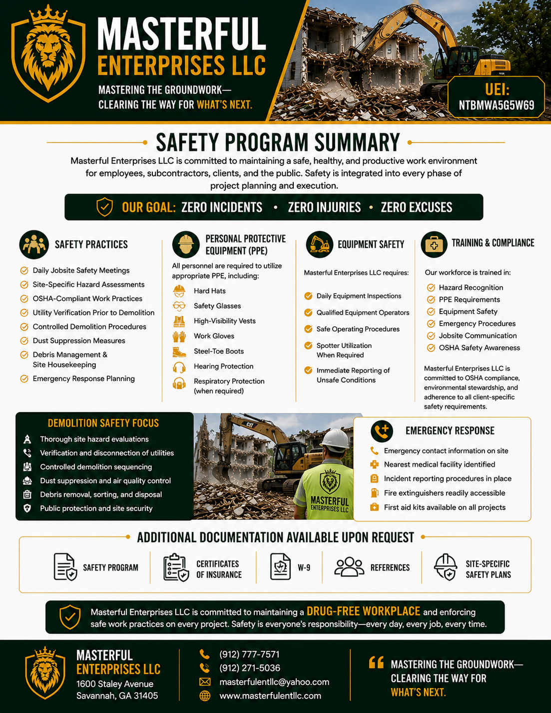 Safety program summary poster for Masterful Enterprises LLC, a construction and demolition company, emphasizing zero incidents, injuries, and excuses. It includes safety practices, personal protective equipment requirements, equipment safety standards, training, emergency response procedures, demolition safety focus, additional documentation, and company contact information.