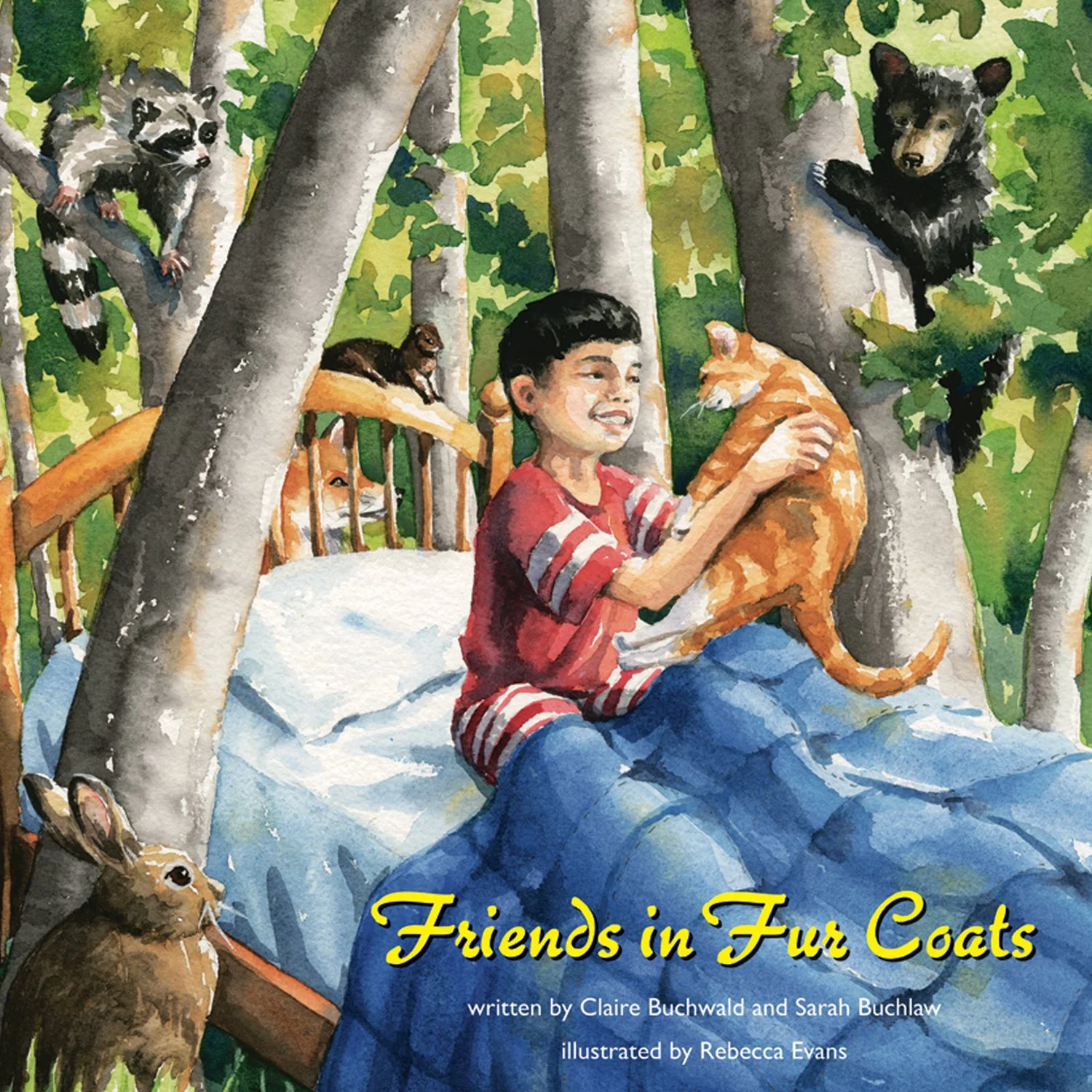A young boy sitting on a bed in a treehouse, hugging an orange tabby cat, surrounded by various animals including a raccoon, a black bear cub, a fox, a rabbit, a chipmunk, and a squirrel in a lush green forest.