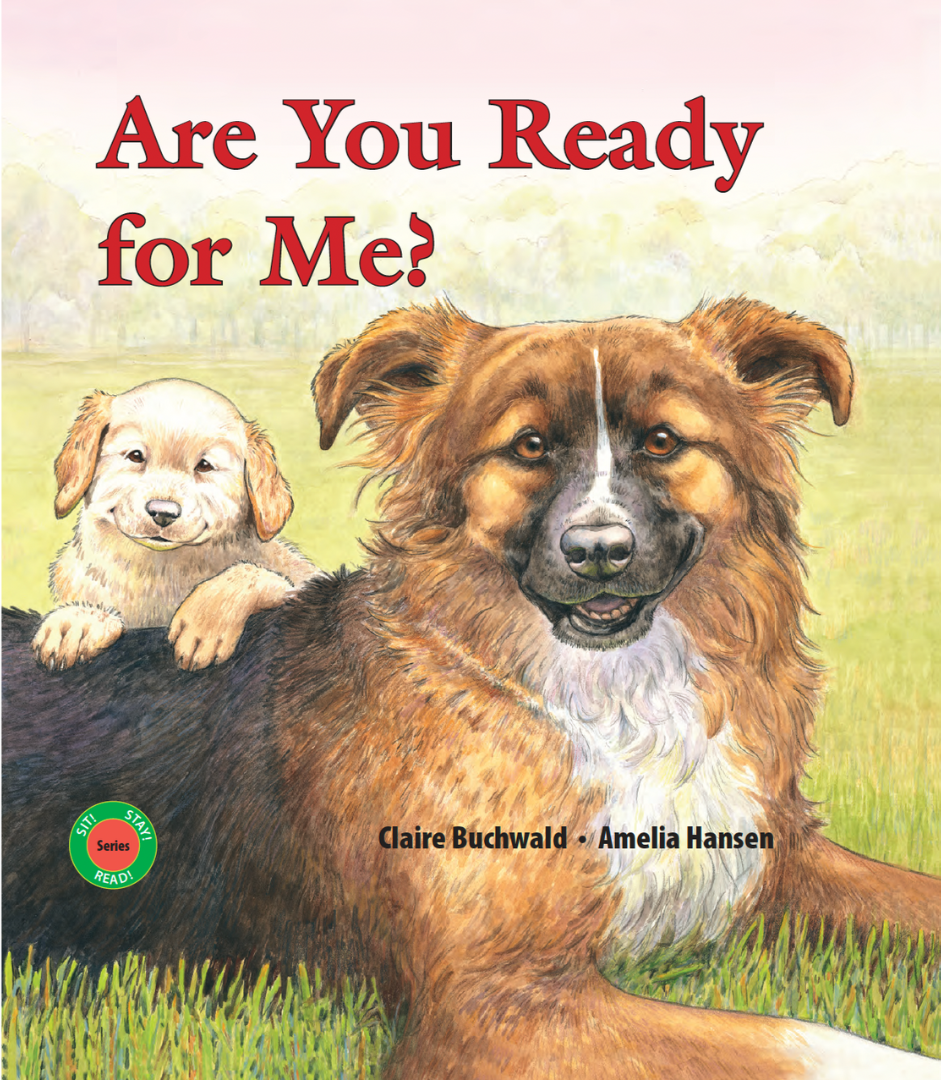 A book cover titled 'Are You Ready for Me?' featuring an illustration of two dogs, a puppy and an adult, sitting on grass in a park with trees in the background.