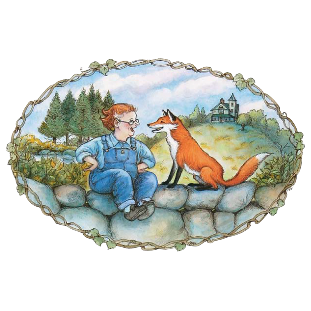 A cartoon illustration of a woman with glasses and red hair talking to a fox sitting on a stone wall outdoors, with green trees and a house in the background.