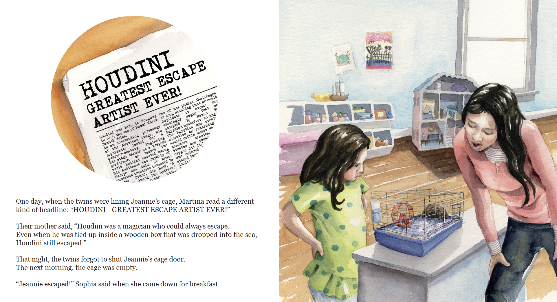 Watercolor illustration of two young girls, one reading and the other looking at a small pet hamster in a cage on a table in a brightly lit room, with toys and pictures on the walls.