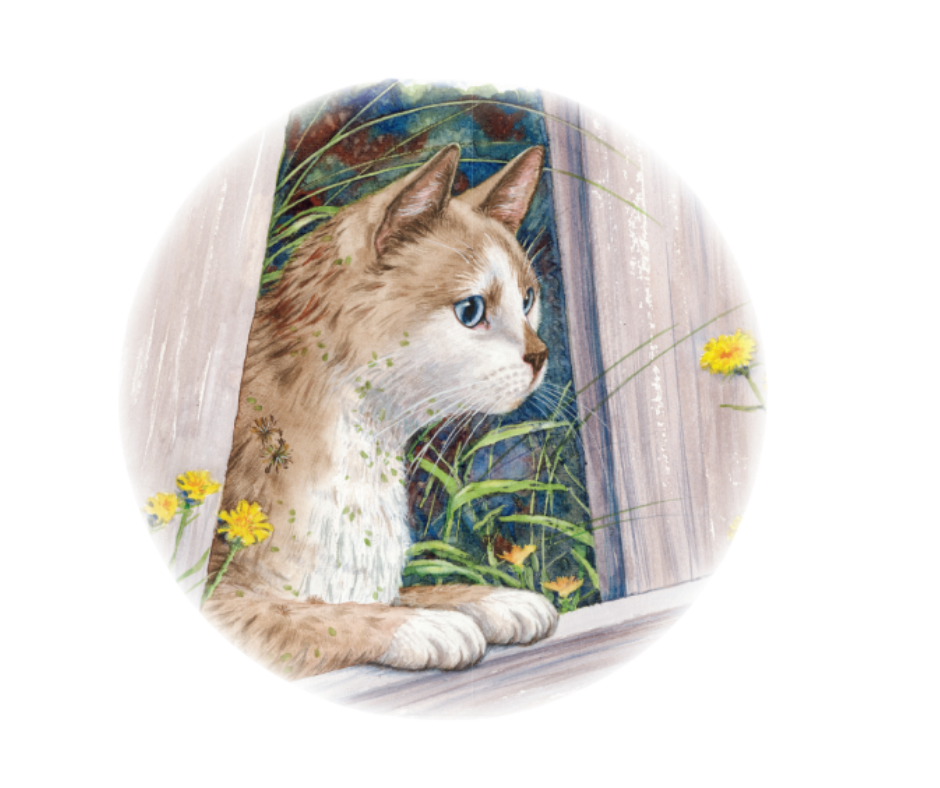 A watercolor painting of a cat with blue eyes looking out a window surrounded by greenery and yellow flowers.