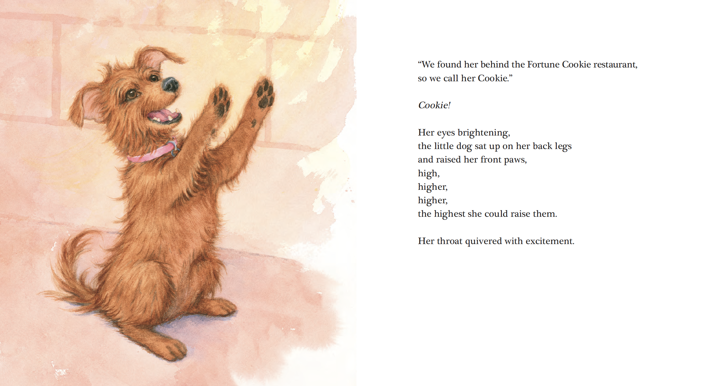 Illustration of a small, happy, brown dog with floppy ears and a pink collar, sitting on the floor with its front paws raised as if reaching up, near a brick wall.