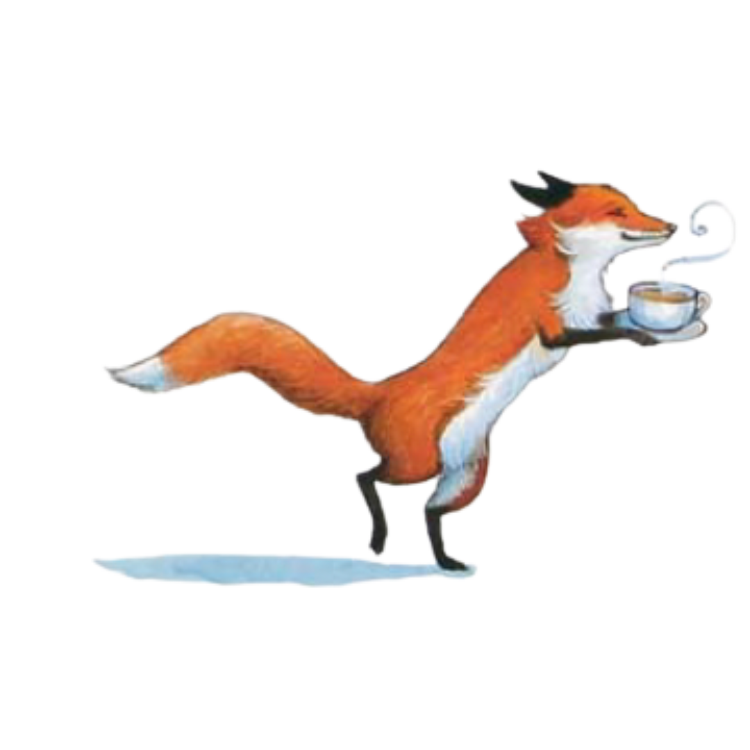 A cartoon fox standing on two legs, holding a coffee mug, with a small steam cloud rising from the mug.