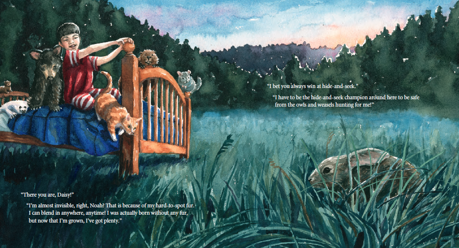 Illustration of a young boy and various animals on a wooden bridge overlooking a grassy field and a frog, with a background of a dusk sky and forest; dialogue and narration are overlaid on the scene.