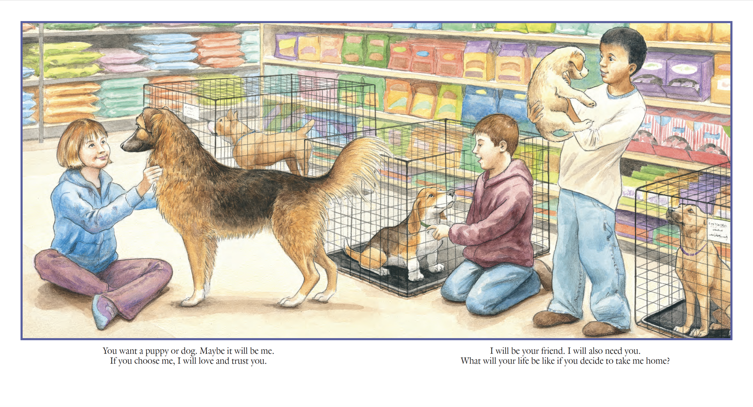 Children and adults in a pet store with various puppies and dogs, some in cages and some outside, interacting with each other.