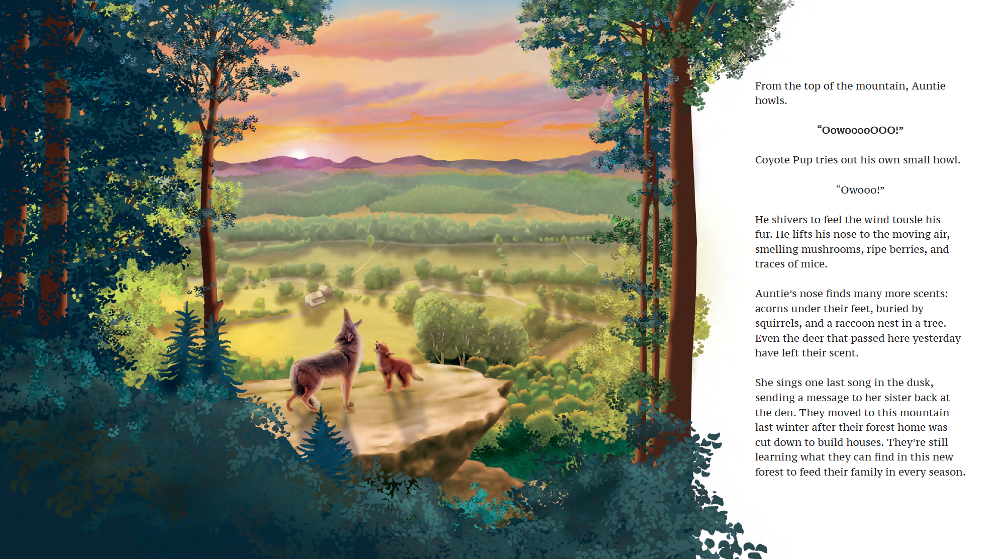 Illustration of a landscape with a sunset, mountains, lush green trees, and a peaceful valley. In the foreground, two animals appear on a rocky outcrop, a wolf and a smaller animal. The scene is enclosed by dense foliage.