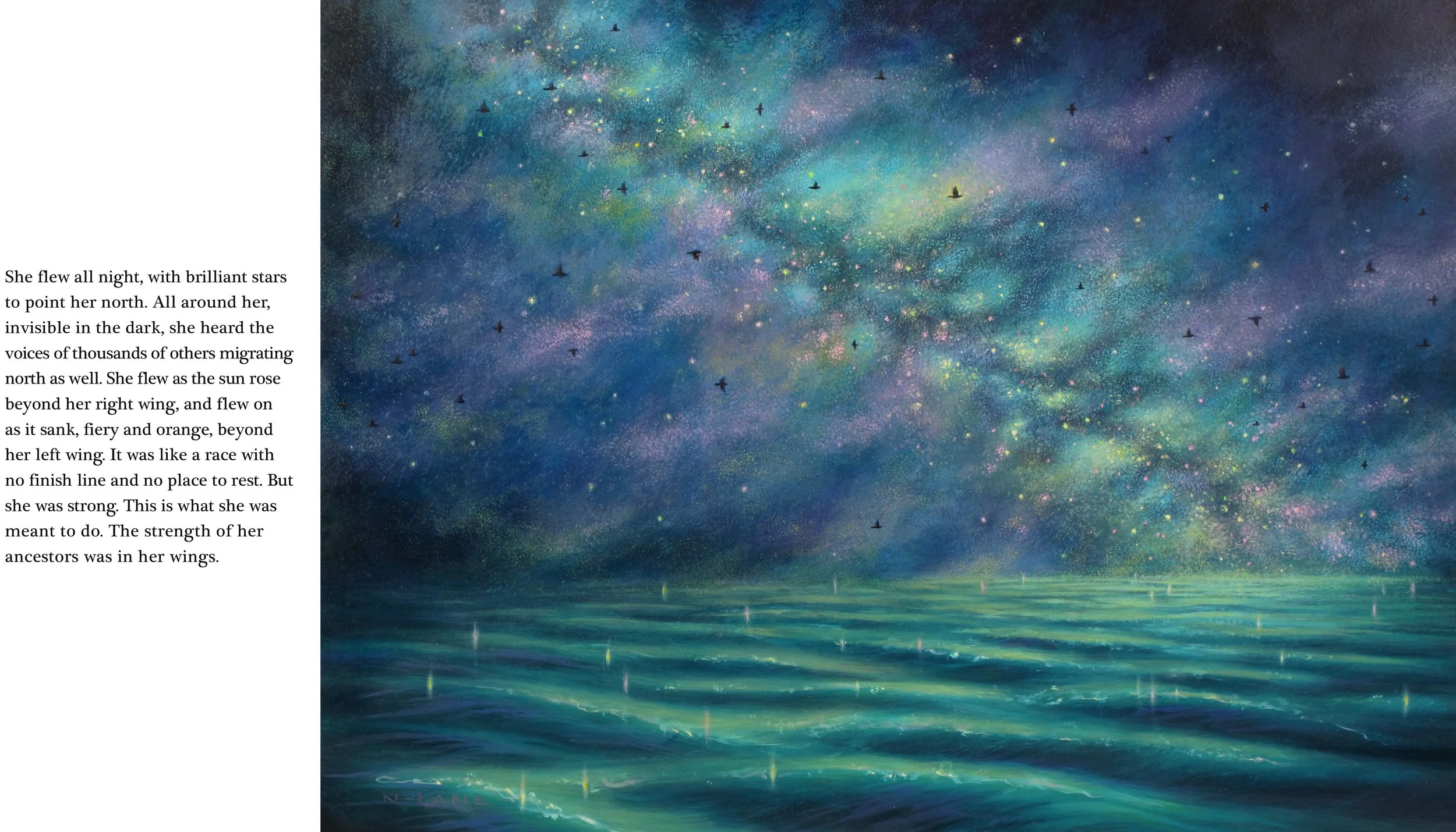 A painting of a night sky filled with colorful stars and cosmic dust above a calm, reflective body of water, with many small birds flying across the sky.