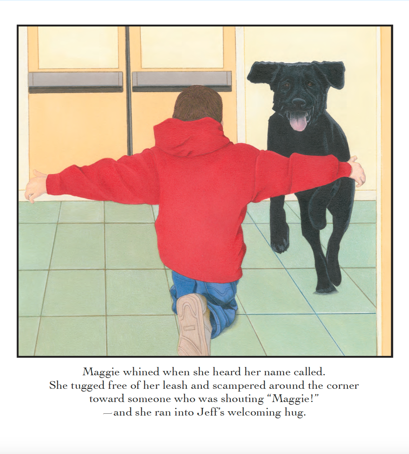 A boy kneeling on the floor with arms outstretched, wearing a red jacket. A black dog with large ears is walking towards him. The setting is indoors with a tiled floor and closed cabinets in the background. The caption describes Maggie, the dog, wagg