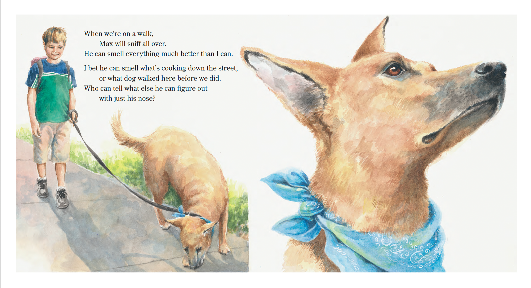 Illustration of a young boy walking a dog on a leash, with the dog sniffing the ground. The dog is wearing a blue bandana, and the boy is smiling and wearing shorts, a t-shirt, and a backpack. The text on the page discusses how dogs can smell things 