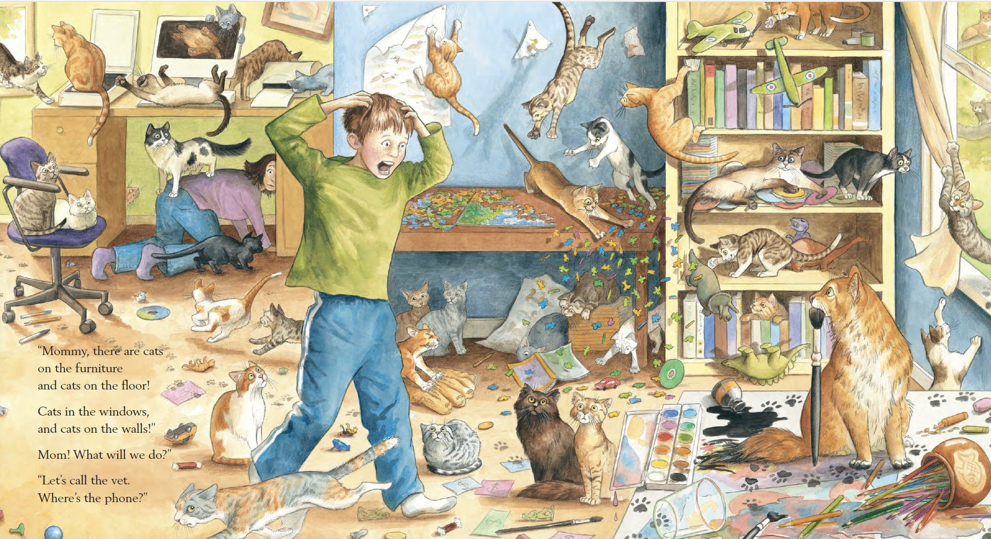 A boy with an anxious expression surrounded by numerous cats and kittens in a cluttered room, with some on furniture, on the floor, and beside the window, all causing chaos with furniture knocked over, scattered toys, spilled paint, and torn papers.