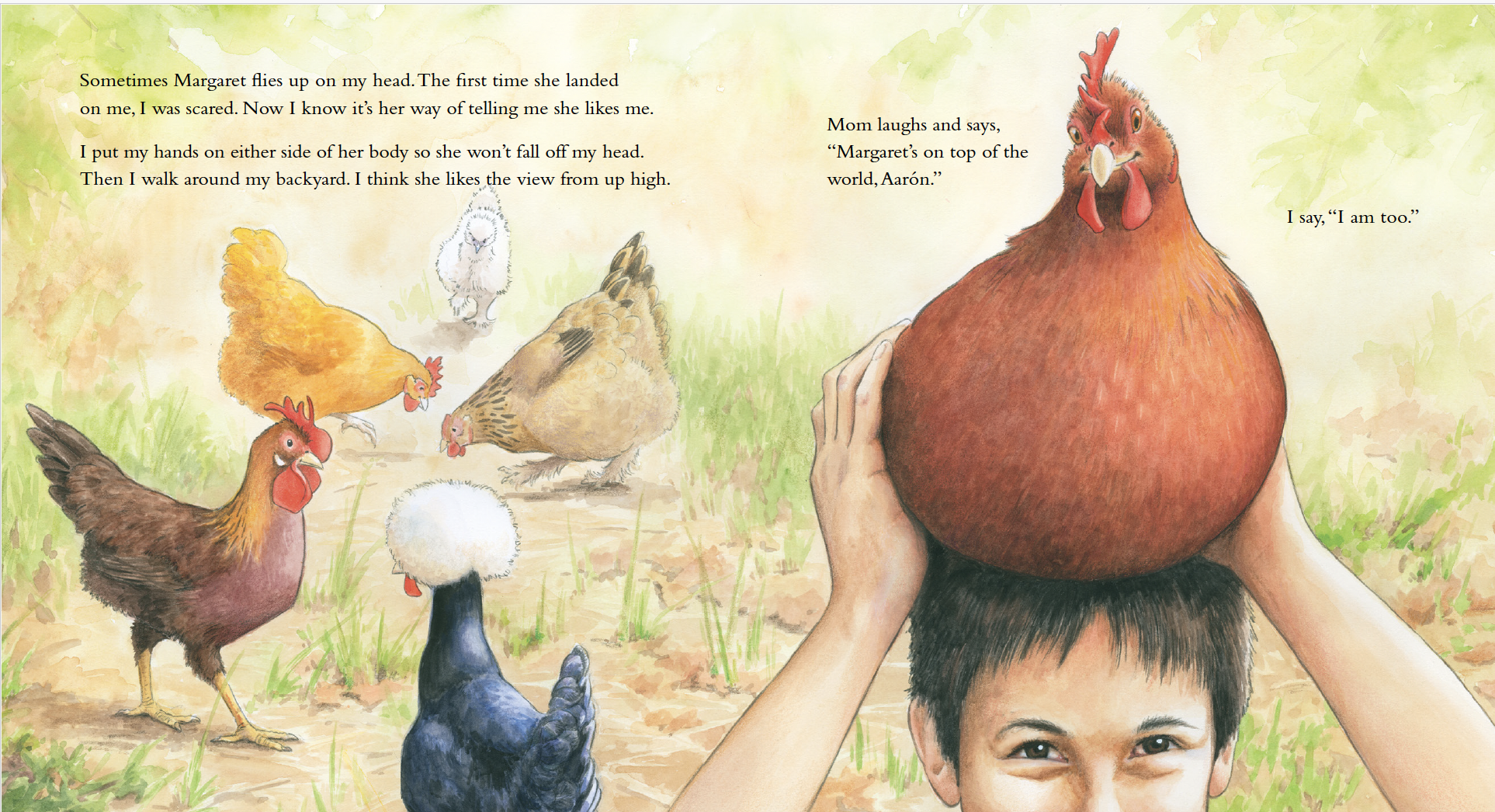 A person balancing a large, realistic-looking chicken on their head with a backyard filled with several cartoon-style chickens around them.