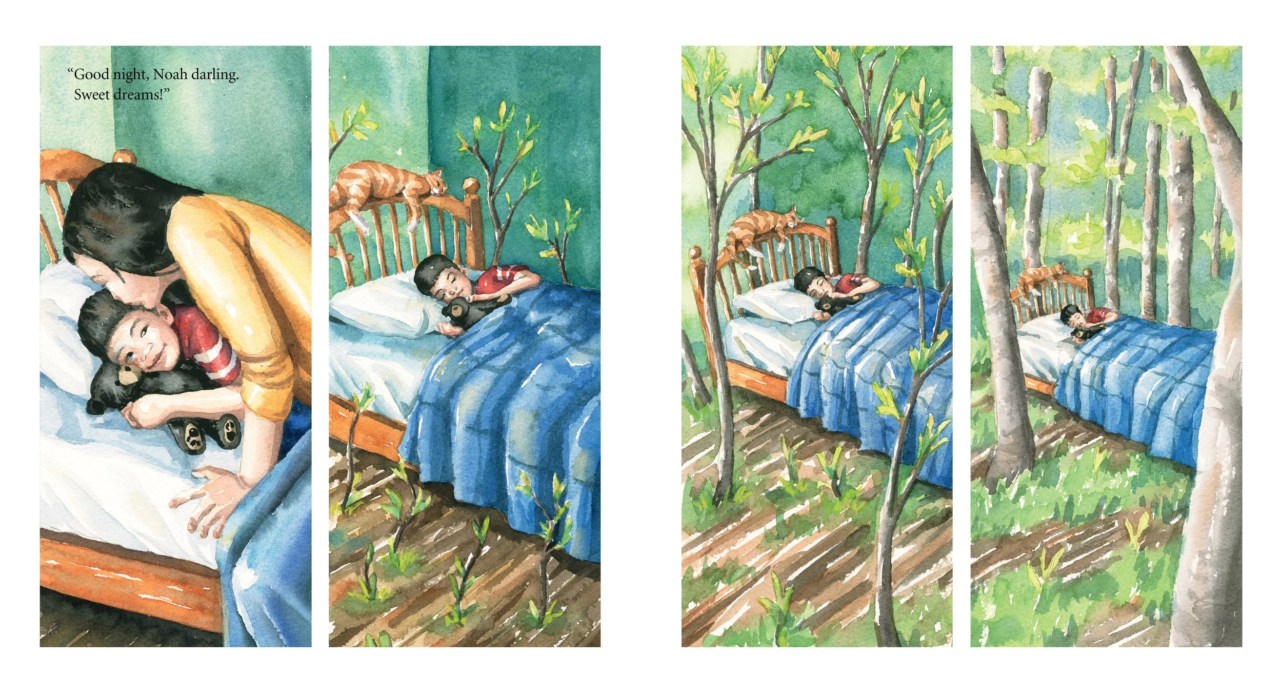 A watercolor series illustrating a boy in bed, with a cat on the headboard and a woman leaning over him, in a lush, blue-green forest setting with trees and greenery.