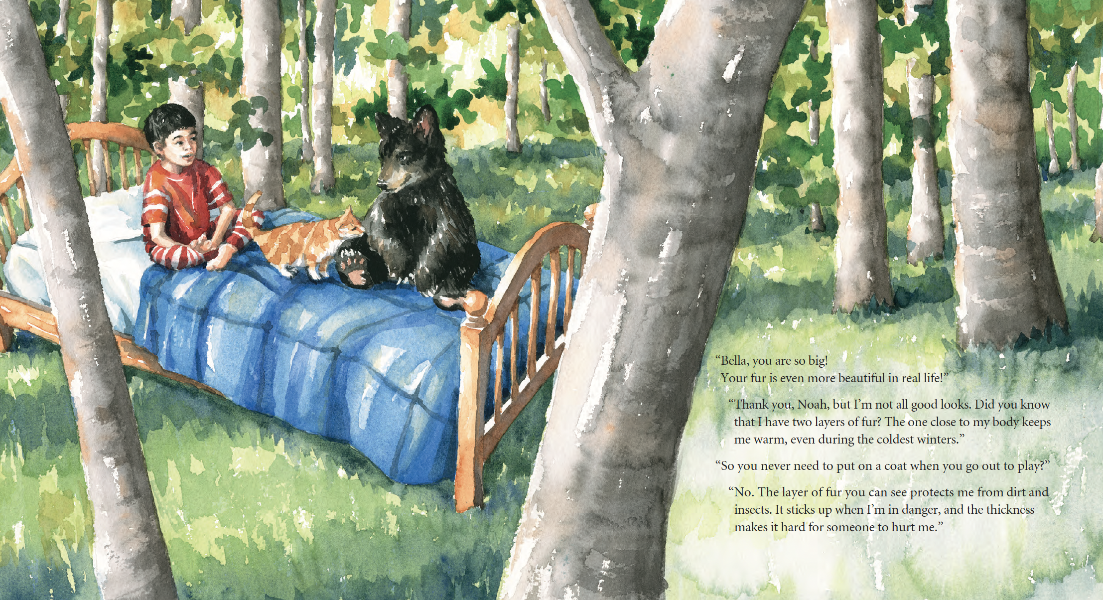 A boy lying on a bed in a forest, talking to a black and tan dog and an orange tabby cat. The bed has a wooden headboard and a blue blanket, surrounded by trees and greenery. There is text on the right side of the image.