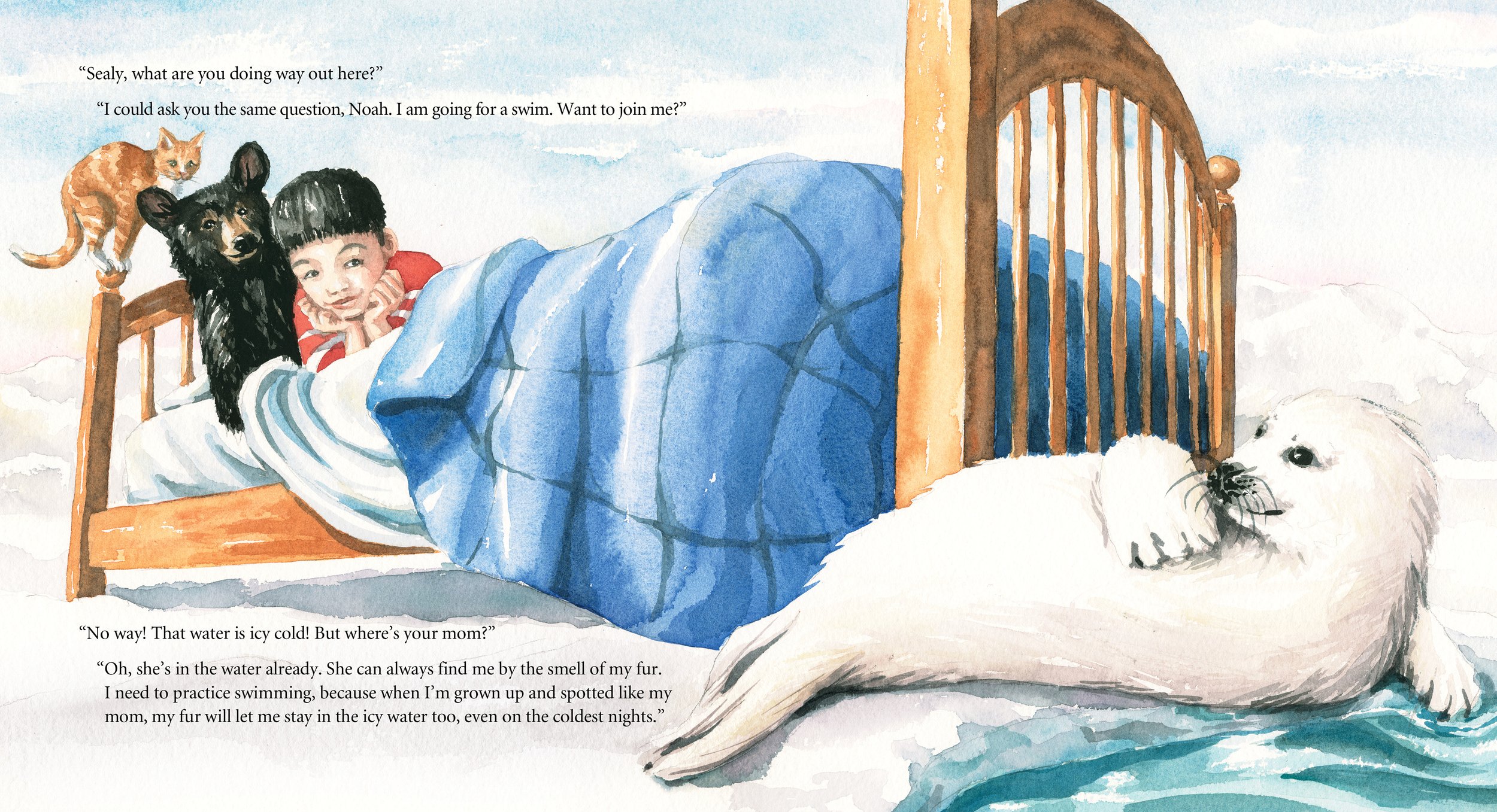 A young boy with black hair and a striped shirt is lying in bed, talking to a dog and two cats. The boy has a curious expression, resting on his chin with hands under his chin. The dog, a black and tan breed, sits next to him, and a small orange tabb