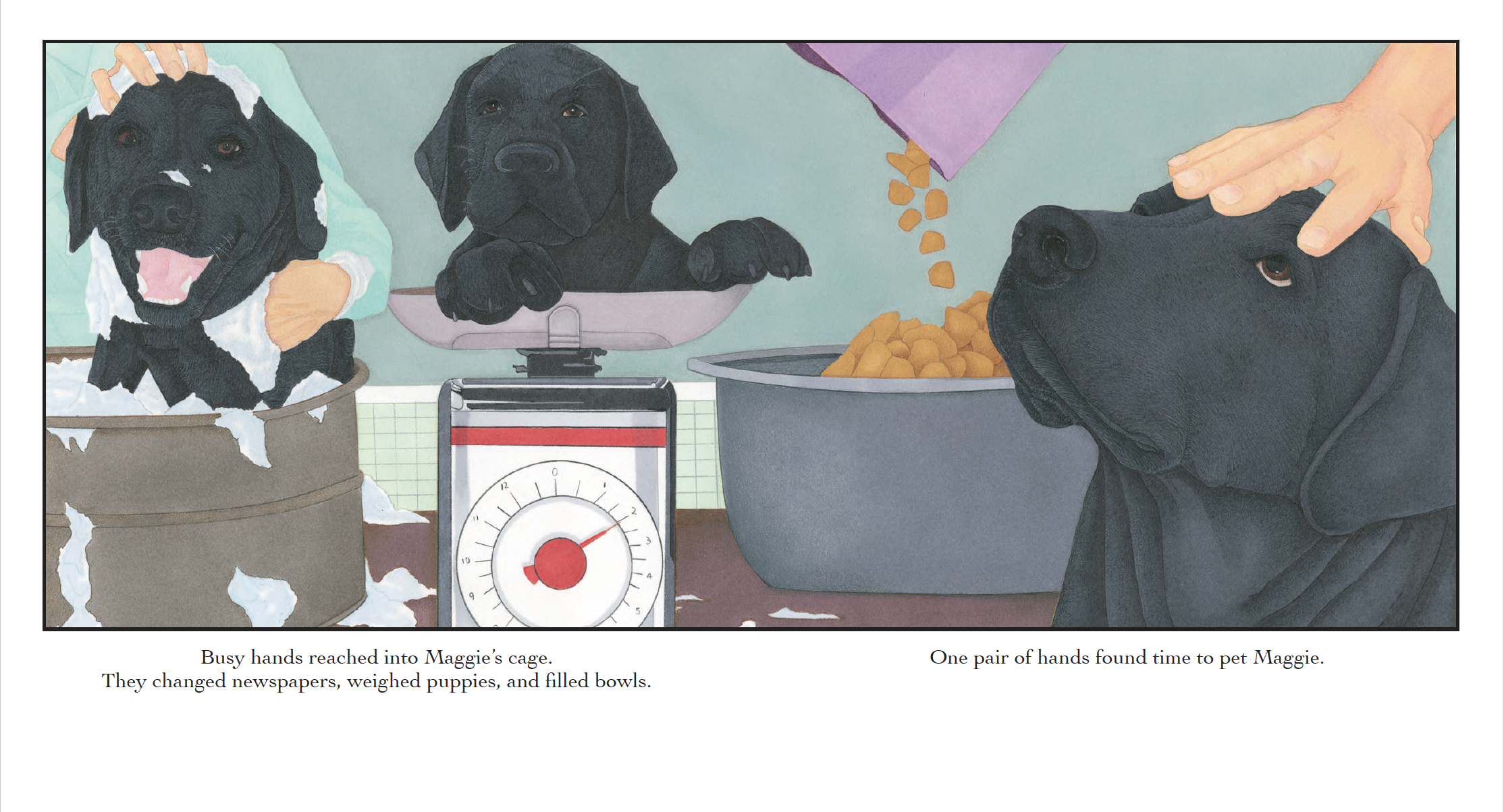 Illustration of people giving attention and care to three black puppies, one in a laundry basket, one in a scale, and one being petted, with bowls of food and a scale visible.